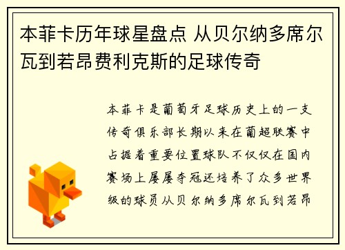 本菲卡历年球星盘点 从贝尔纳多席尔瓦到若昂费利克斯的足球传奇
